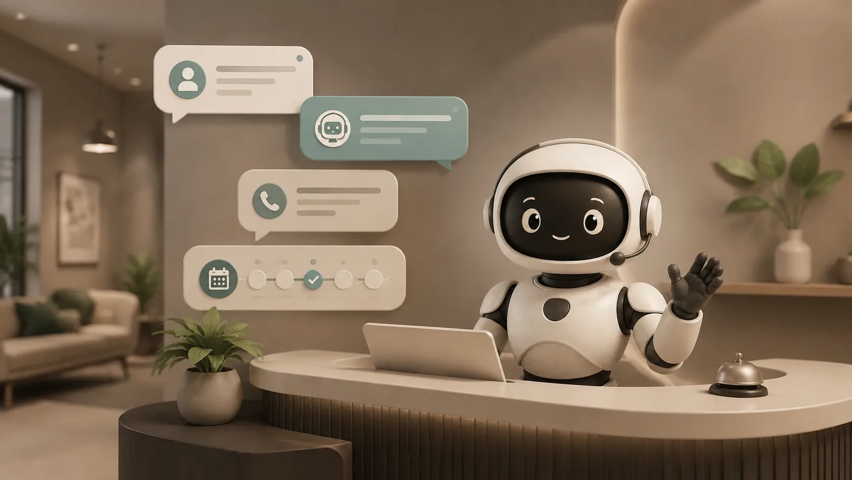 Trootlabs Orbit AI receptionist welcoming customer enquiries at a modern front desk for Indian small businesses.
