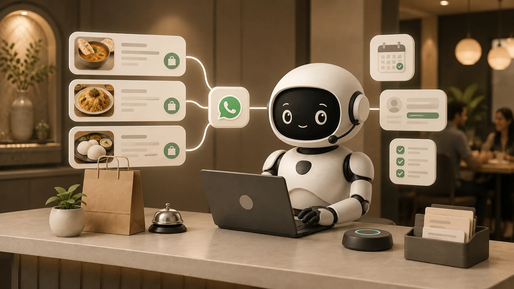 Trootlabs Orbit agent helping a restaurant manage WhatsApp menu questions, orders, and table reservations.
