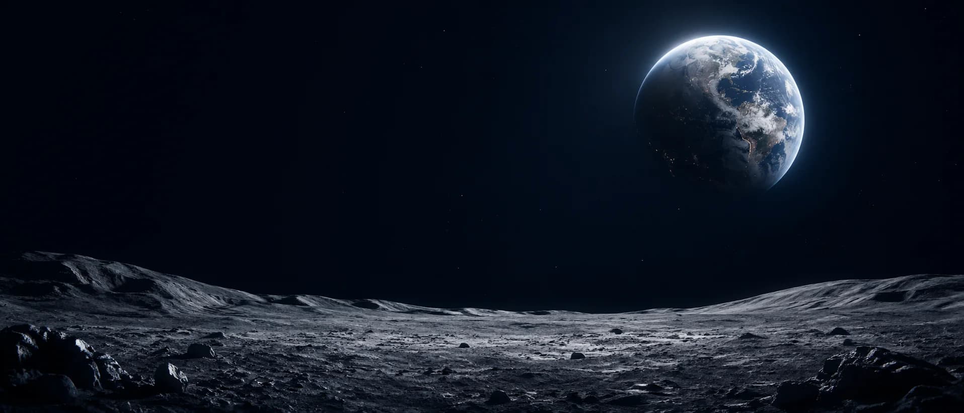 Earth glowing above a quiet moon landscape.