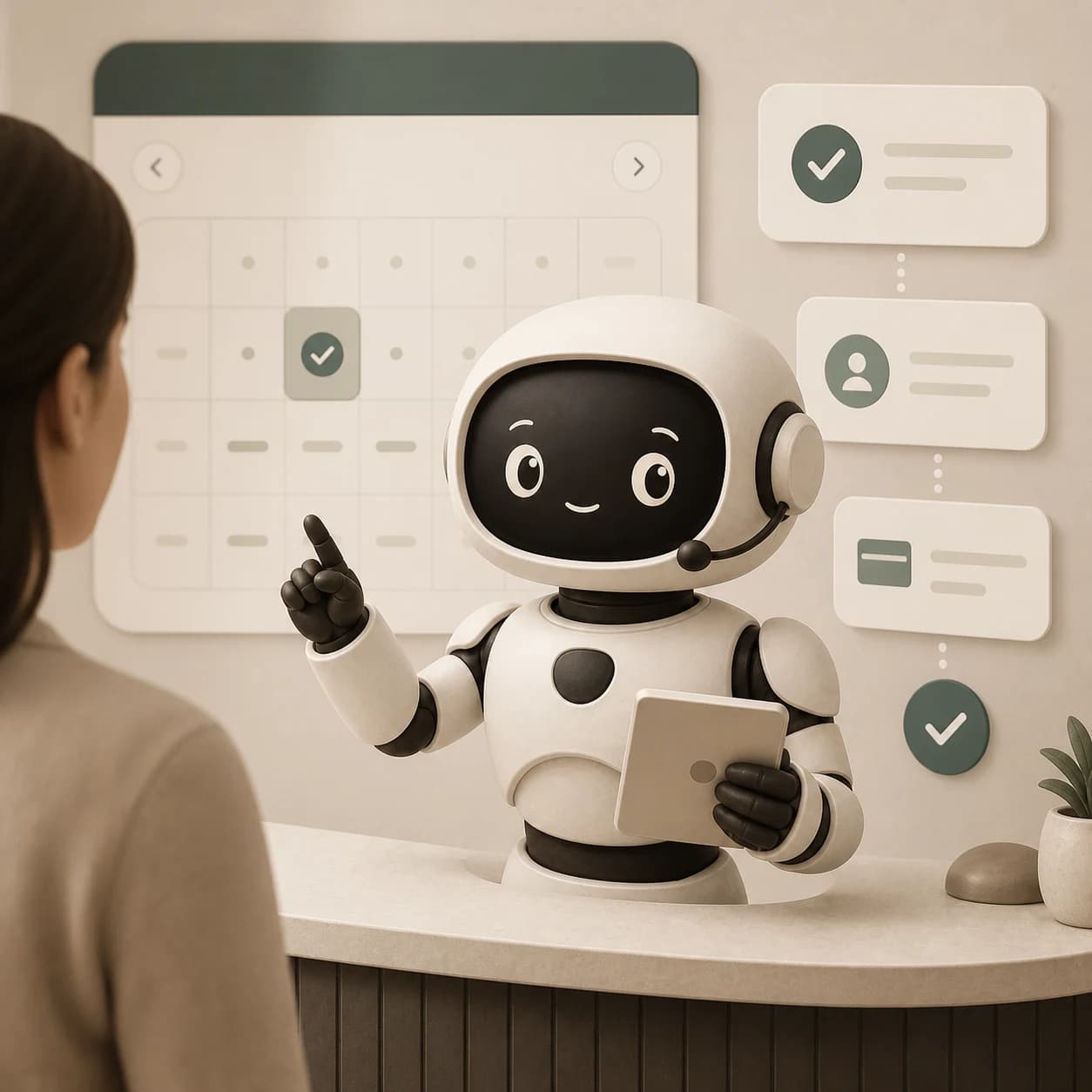 Orbit, the Trootlabs agent mascot, turning a customer conversation into a confirmed booking