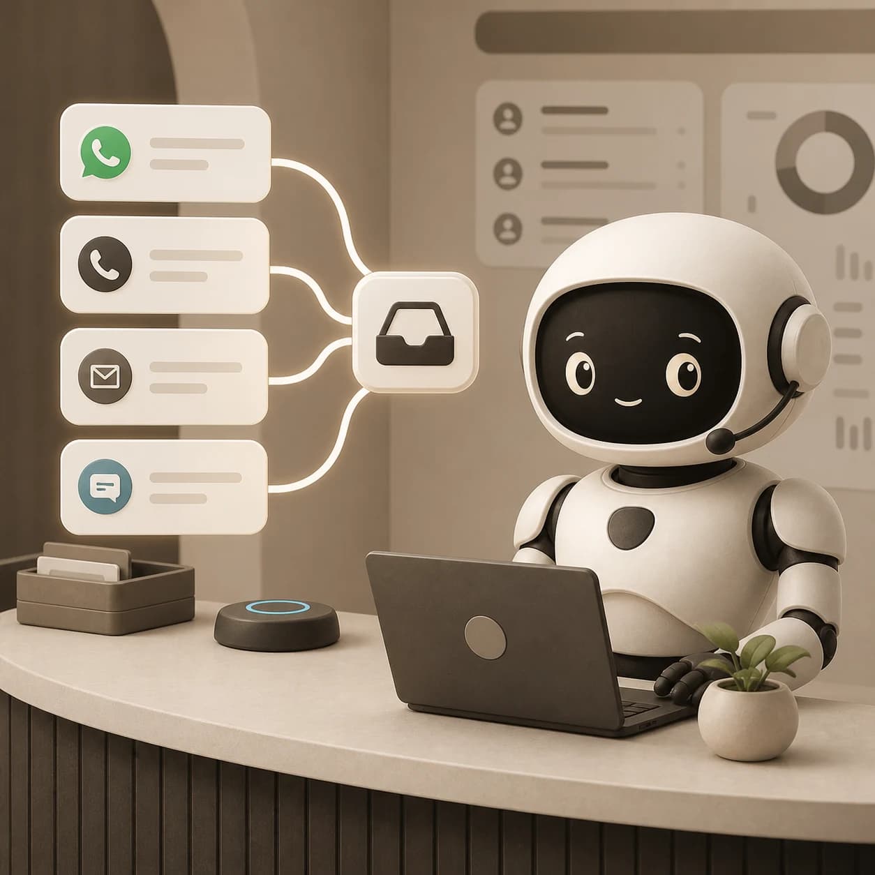 Orbit, the Trootlabs agent mascot, routing WhatsApp, phone, email, and chat enquiries into one inbox