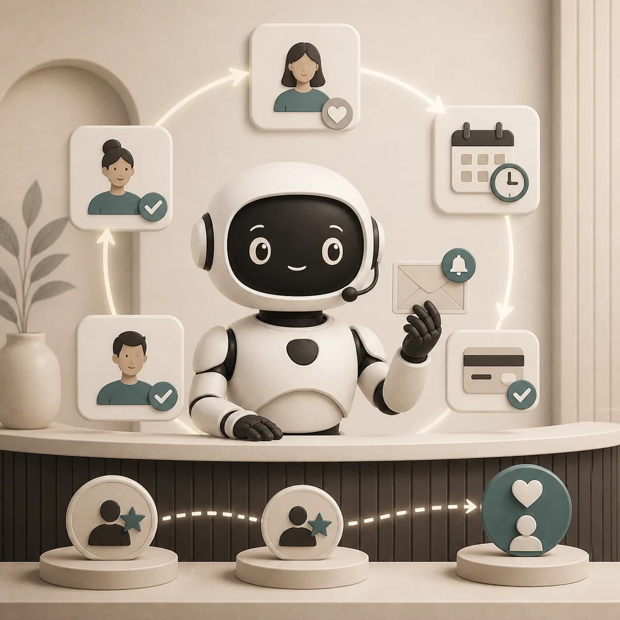 Orbit, the Trootlabs agent mascot, managing reminders and repeat-customer follow-ups