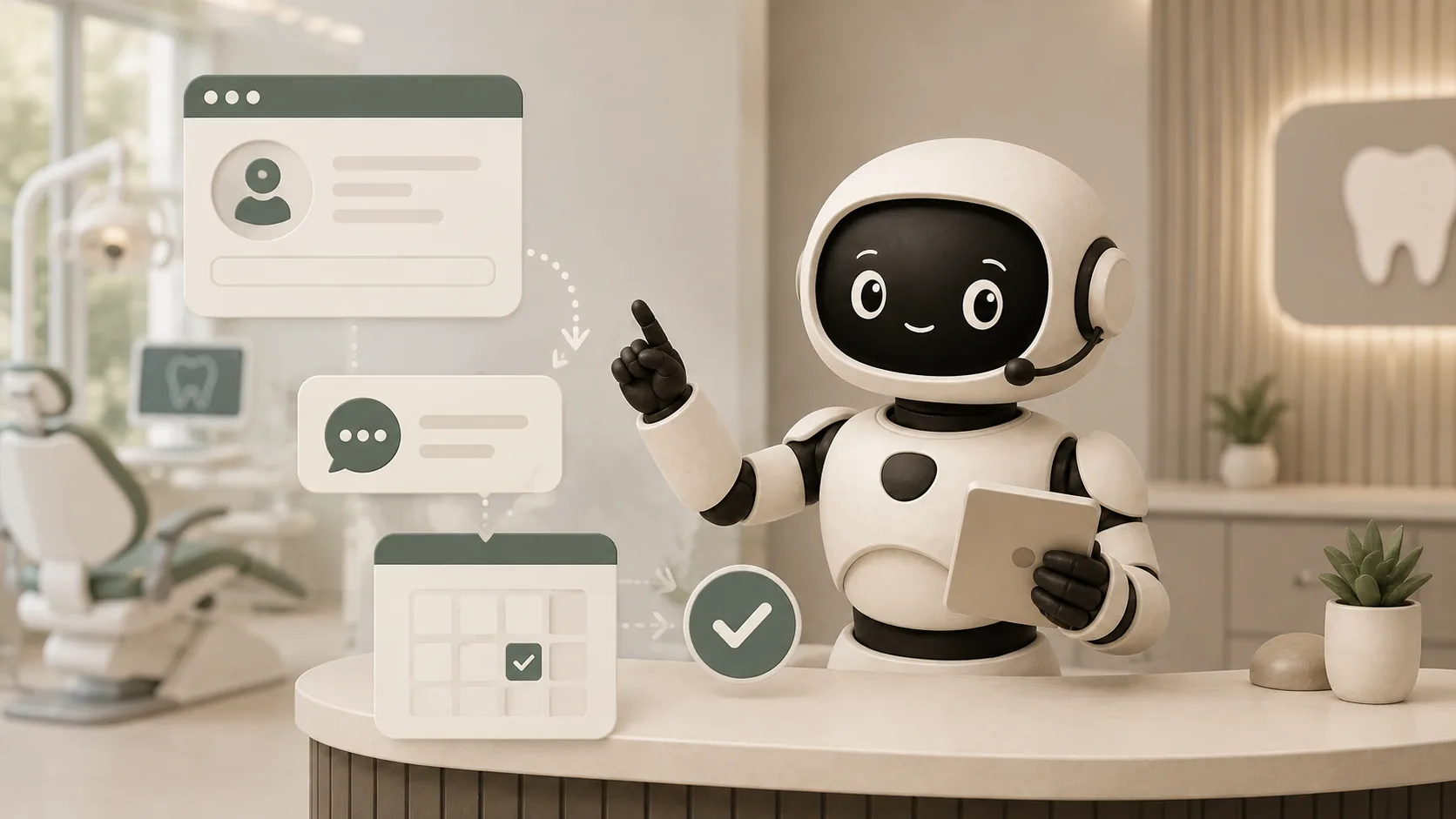 Trootlabs booking mascot helping a dental clinic convert website and WhatsApp enquiries into confirmed appointments.