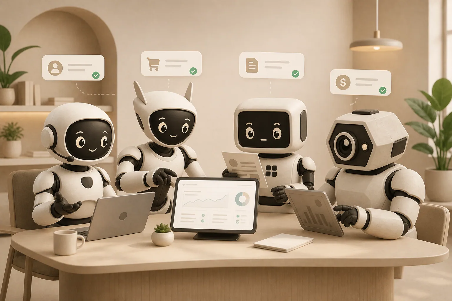 Four digital worker mascots helping a business manage conversations, sales, billing, and operations together.