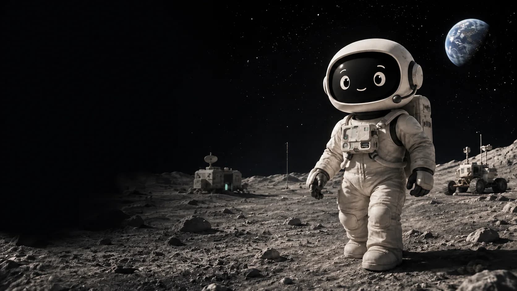 A Trootlabs AI mascot leading a moon mission, representing an ambitious automated front office for growing businesses.